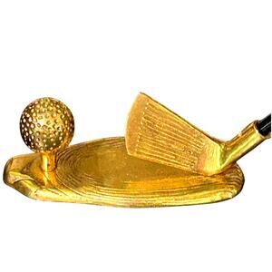 Vintage Hampton Solid Brass GOLF Desktop Pen Set-Ball and Putter-India 83313